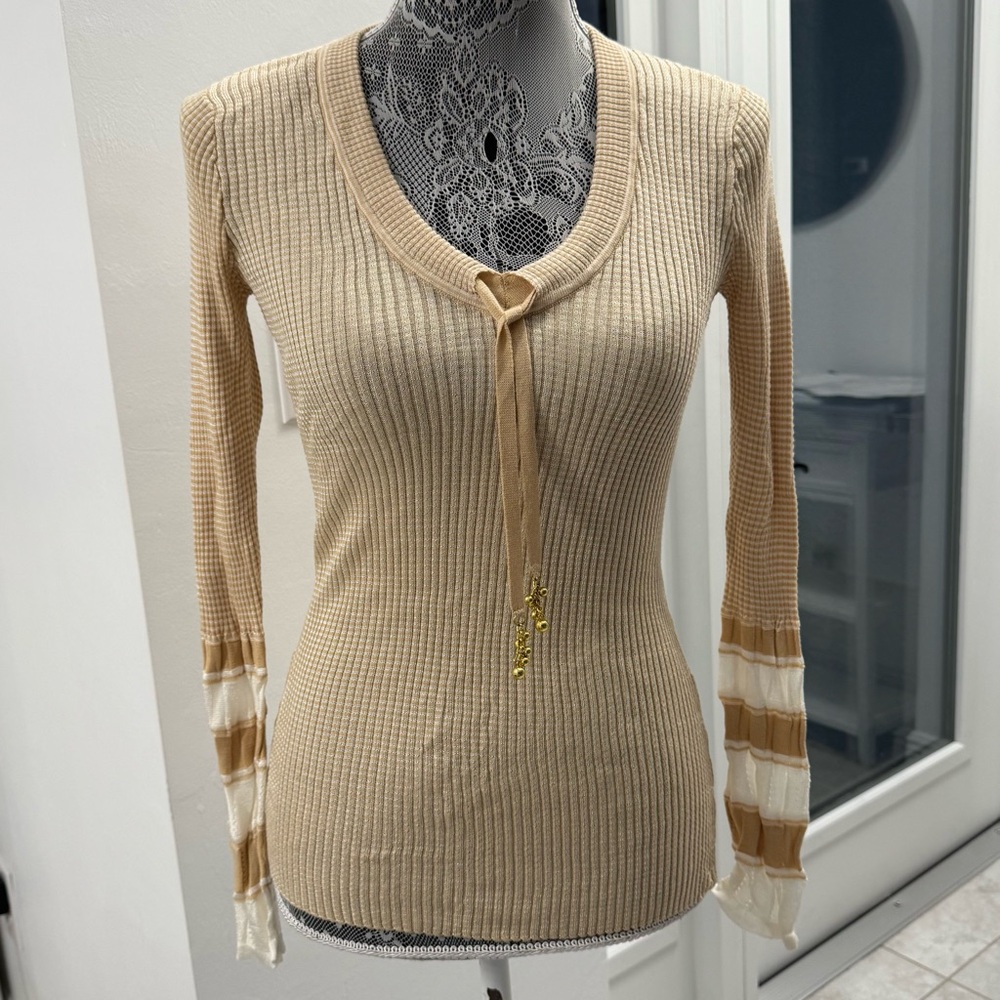 Cache Beige Ribbed Knit Top with Ribbon Detail